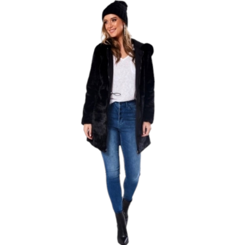 ONLY Women's Onlmalou Hooded Faux Fur Coat Black Size Medium